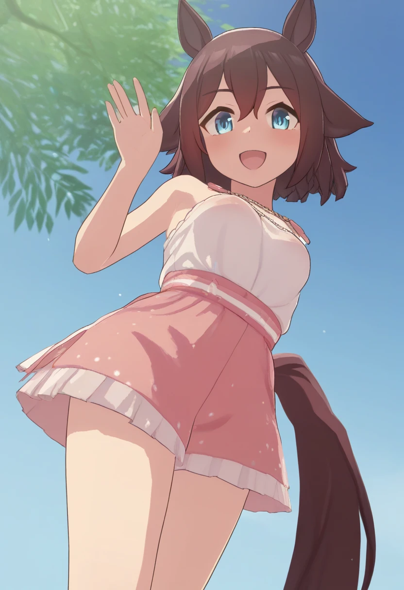 Tanuki girl, Tanuki, kawaii, On the streets of Tokyo, sunset, Sun rays, magical lighting, Akihabara, in cute short dress, undies visible, visible panties, smiling, blush, shy pose, kawaii traje, beautiful hair, looking away short skirt lifted show panties NSFW legs open