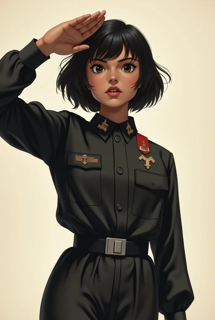 a girl with darker skin, short black hair and a brigate nere (blackshirts) uniform, doing the roman salute benito mussolini