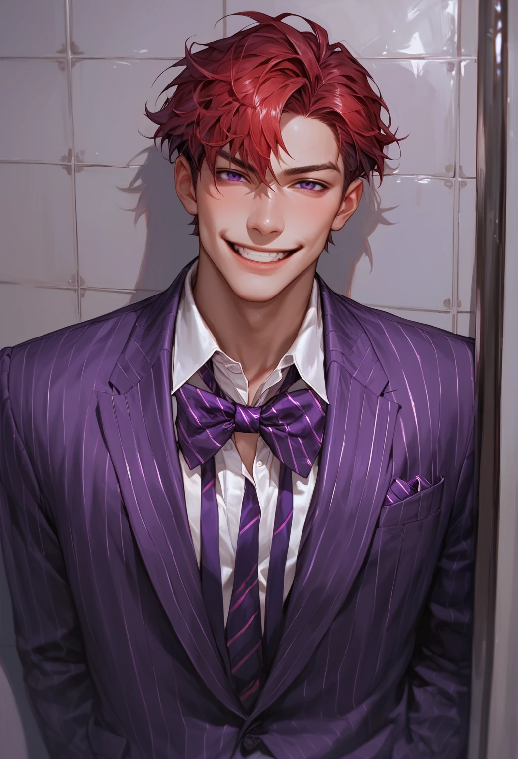 solo, 1 boy, 20-years old man, handsome face, red hair, dark purple eyes, Purple striped suit with bow tie(purple), looking at viewer, solitary confinement in a mental hospital, young man, handsome face, hentai smile, masculine face