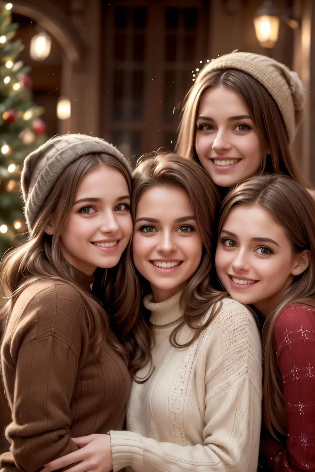 a happy group of 3 adorable girls, smiling and joyful, wearing Christmas outfits, detailed facial features, beautiful detailed eyes, beautiful detailed lips, extremely detailed facial expressions, intricate holiday decorations, sparkling lights, warm cozy atmosphere, vibrant colors, christmas tree, presents, snow, (best quality,4k,8k,highres,masterpiece:1.2),ultra-detailed,(realistic,photorealistic,photo-realistic:1.37),highly detailed, vivid colors, soft lighting, christmas theme, festive, beautiful girls, cheerful, holiday season