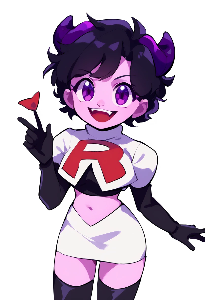 jellybean_yt, solo, looking at viewer, smile, short hair, open mouth, black hair, 1girl, white background, purple eyes, female focus, horns, teeth, colored skin, fangs, team rocket,team rocket uniform,white skirt,red letter R,crop top,black thigh-highs,black elbow gloves, source