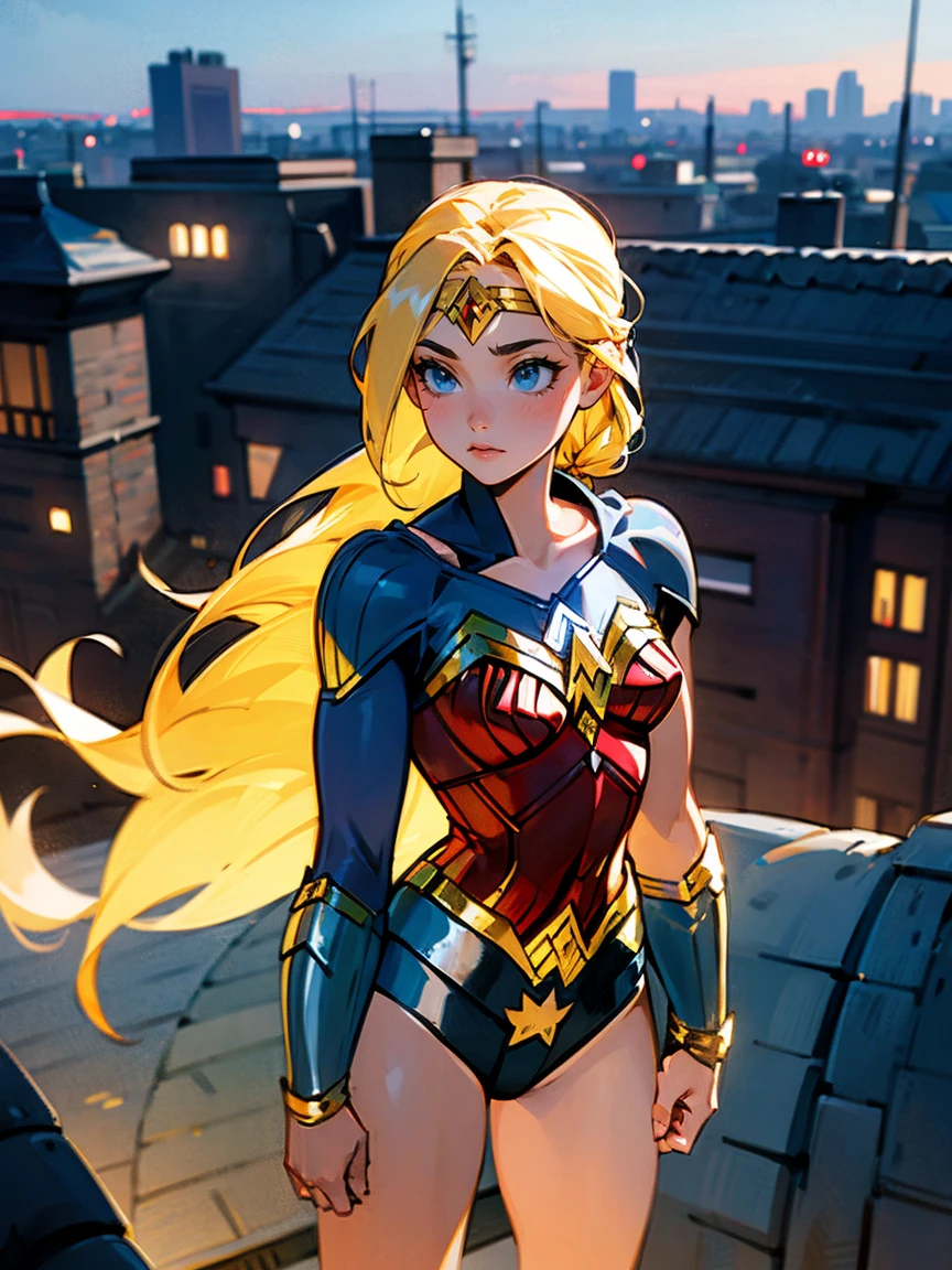 1female, blonde hair, braided hair, wonder woman, long hair, black arm sleeve, city, roof, masterpiece quality