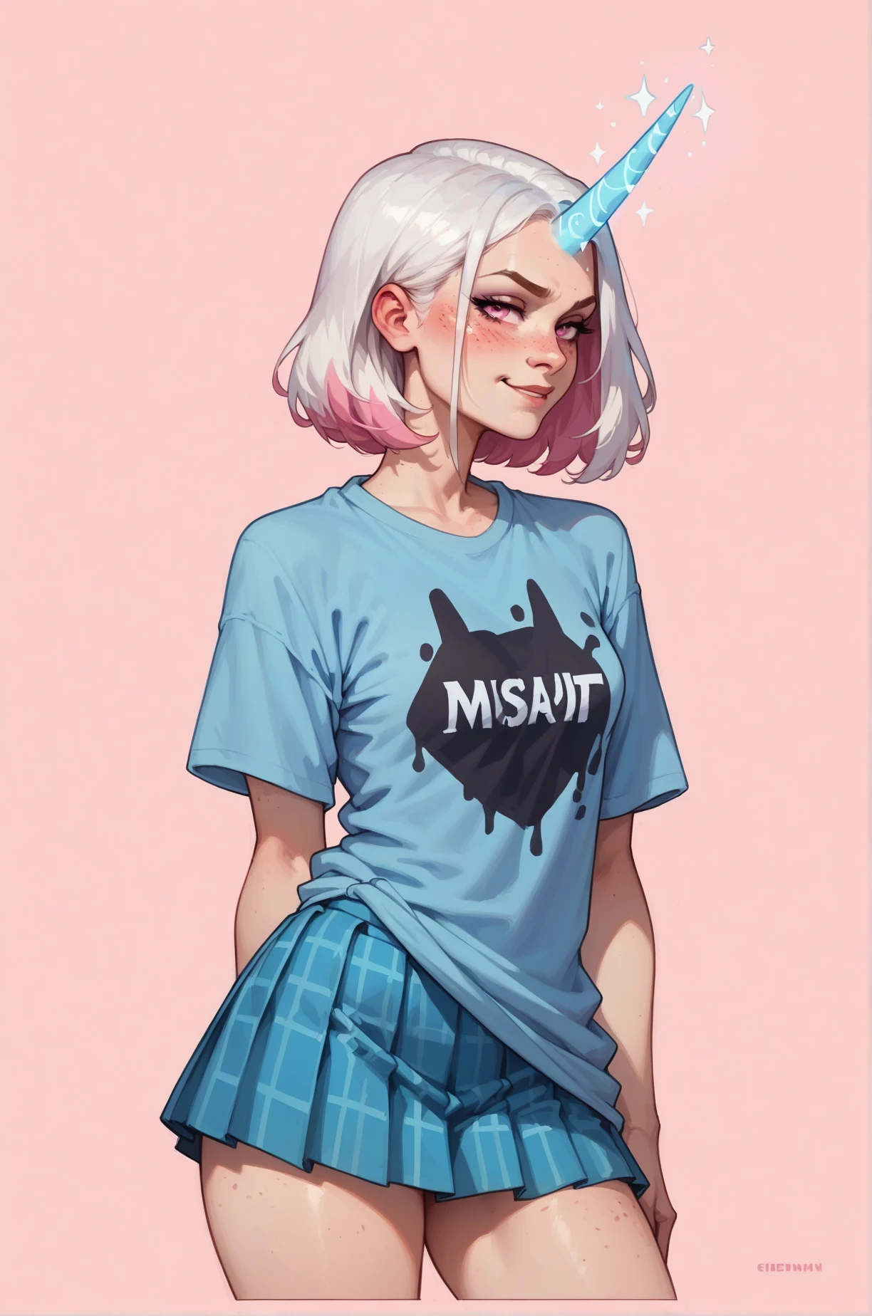 score_9, score_8_up, score_7_up, cartoon of a girl, solo, smirk, mouth closed, freckles, intense gaze, pink eyes, white hair, straight hair, blue plaid pleated skirt, black oversized tshirt, horn like a unicorn, glowing horn, small breast, thighs, standing, pink background