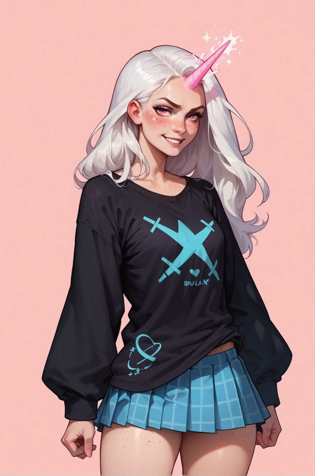 score_9, score_8_up, score_7_up, cartoon of a girl, solo, smirk, mouth closed, freckles, intense gaze, pink eyes, white hair, straight hair, blue plaid pleated skirt, black oversized tshirt, horn like a unicorn, glowing horn, small breast, thighs, standing, pink background