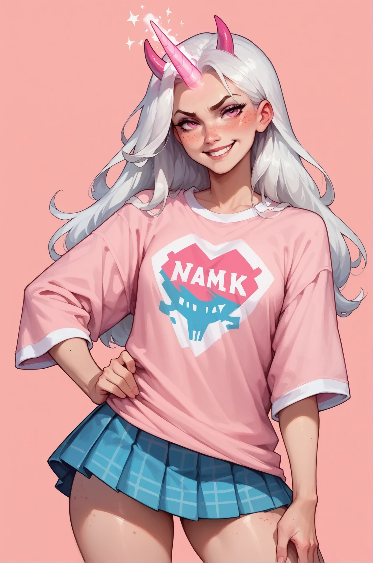 score_9, score_8_up, score_7_up, cartoon of a girl, solo, smirk, mouth closed, freckles, intense gaze, pink eyes, white hair, straight hair, blue plaid pleated skirt, black oversized tshirt, horn like a unicorn, glowing horn, small breast, thighs, standing, pink background