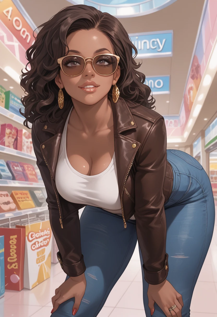 Almond-eyed Dark Mocha-skin tonned African-American woman with Short dark curly hair, juicy lips, a large chest, thick thighs, Perfect hands, and perfect feet . . She is wearing sunglasses, boots, a leather jacket, and distressed skinny jeans. looking down biting her bottom lip.  She is bent over looking over her glasses her face  in the Foreground shopping mall background 