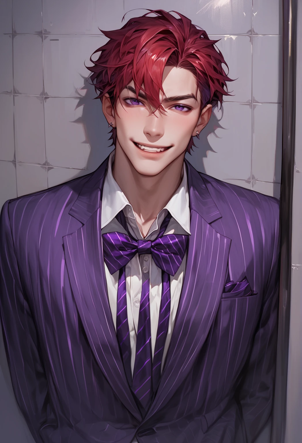 solo, 1 boy, 20-years old man, handsome face, red hair, dark purple eyes, Purple striped suit with bow tie(purple), looking at viewer, solitary confinement in a mental hospital, young man, handsome face, masculine face