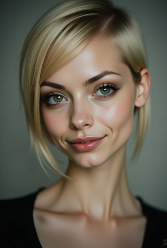 1girl, solo, looking at viewer, smile, short hair, blonde hair, closed mouth, green eyes, blurry, lips, blurry background, portrait, realistic, nose