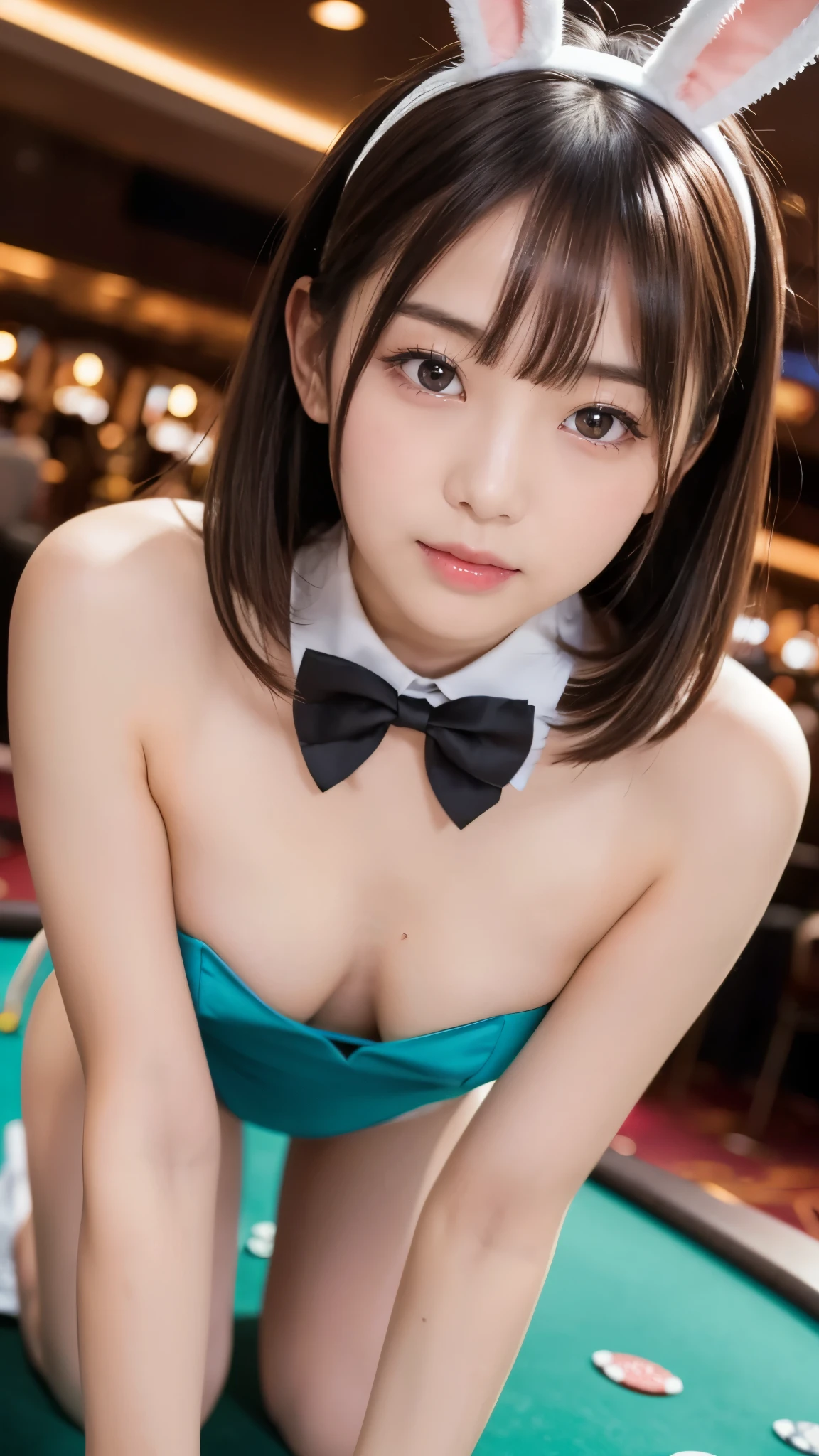 (((professional blowjob motions))), ((Standing on all fours at the casino)), (( sitting on a casino table in a cute bunny suit)), slender,  Japanese ,  1 girl, 18 years old, ((( very embarrassing expression, blush))),  ideal body proportions for standing on all fours at a casino, Brown Hair, No bangs,  small breasts,  erect nipples , slender,  tight waist, (Small beautiful butt), ( thin thighs ),  Surrealist ,  cinematic lighting,  deep border, First Person View,  F/1.8, 135mm,  ticker, masterpiece, Curation,  anatomically accurate under the classroom pulpit, textured skin,  super detailed ,  high detail,  High Quality , Awards, 最 High Quality ,  High Definition , 8k,  idol face, , ( detailed hands ,  perfect right hand)