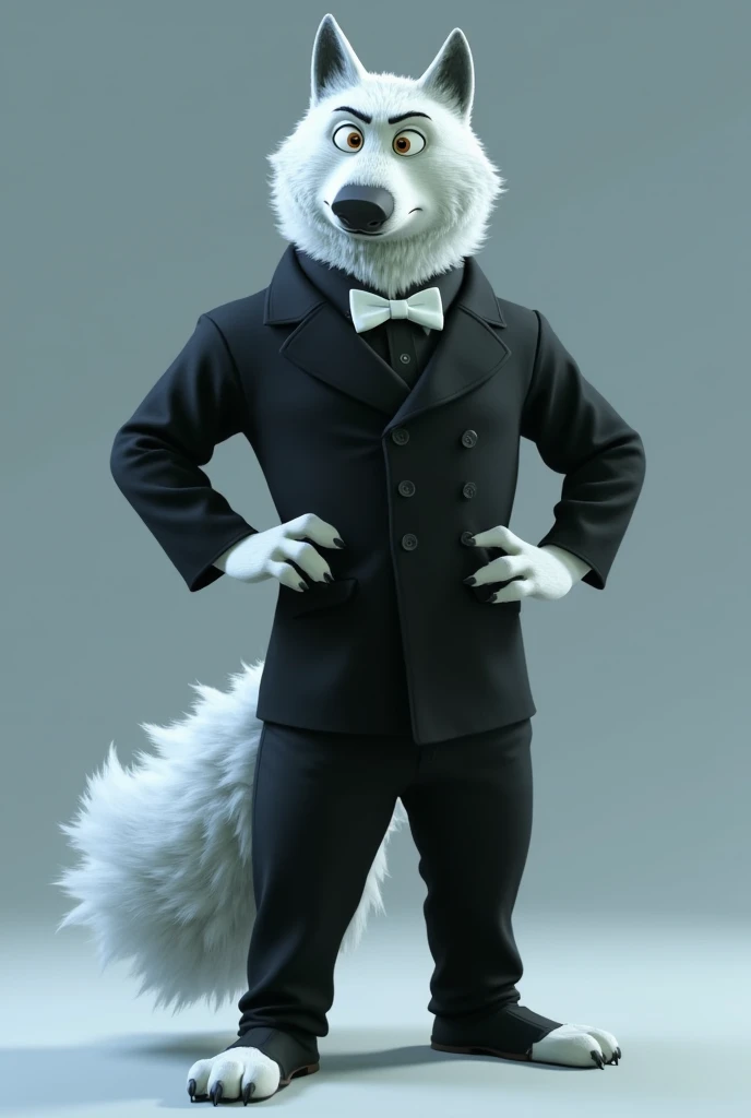 gari, zootopia, wolf, timberwolf , white fur, orange irises ,  standing device,  neutral face ,  hands on hips,  black shirt, white bow tie long pants,  realistic, 