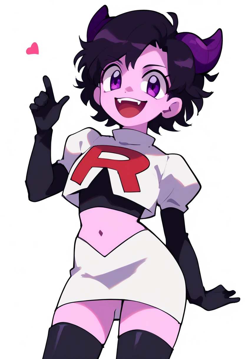 jellybean_yt, solo, looking at viewer, smile, short hair, open mouth, black hair, 1girl, white background, purple eyes, female focus, horns, teeth, colored skin, fangs, team rocket,team rocket uniform,white skirt,red letter R,crop top,black thigh-highs,black elbow gloves, source