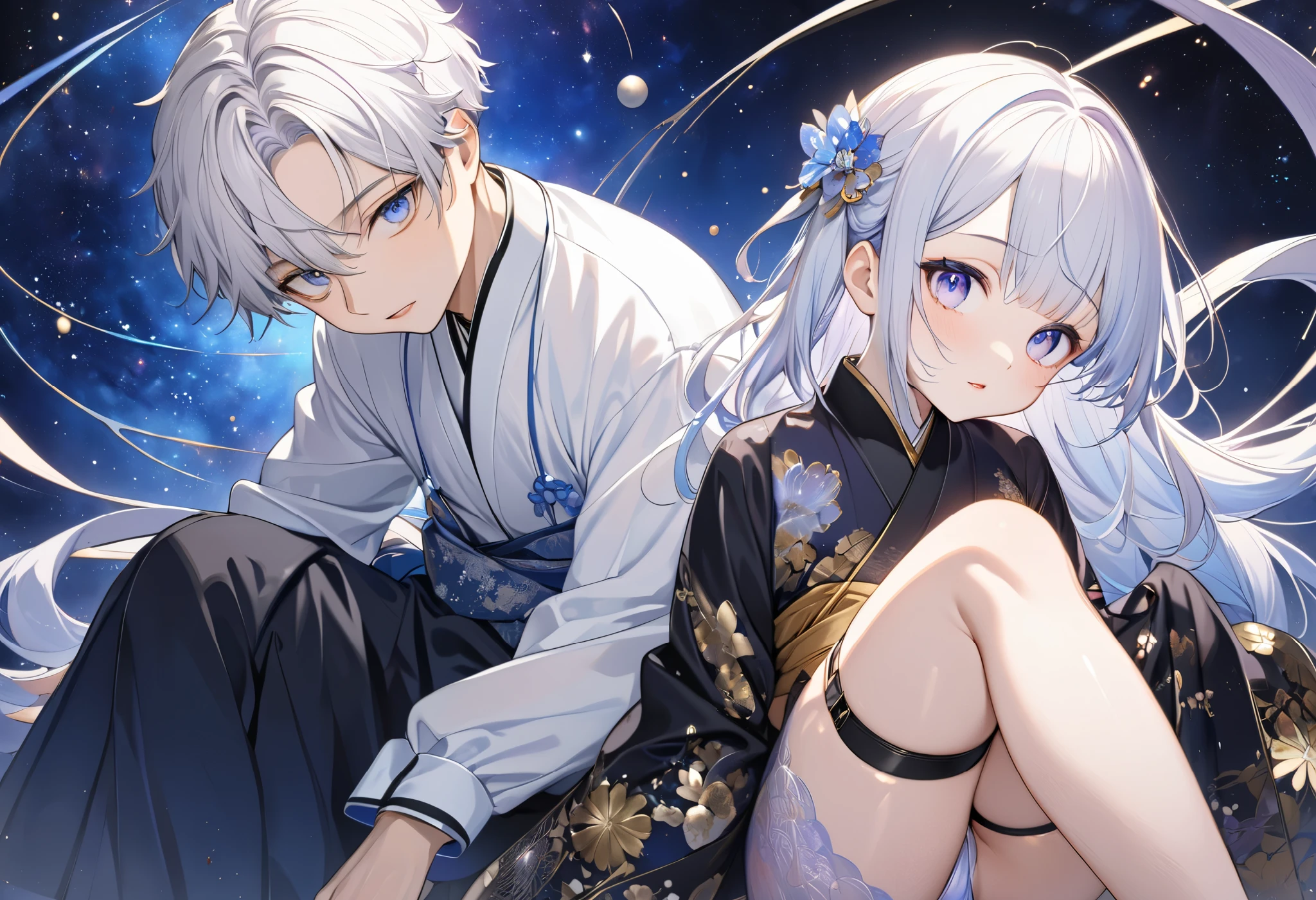 Fresh illustration,
Ultra-fine painting,
Top quality,
Very delicate illustration,
Very fine details,
Fair-skinned twins,
Older sister is a girl,
Brother is a boy,
Boy has short hair,
Girl has super long hair,
Girl's right eye is light blue,
Girl's left eye is light purple,
Both have heterochromatic eyes,
Both have large black pupils,
Both have beautiful eyes,
Boy's right eye is light purple,
Boy's left eye is light blue,
Both have shiny hair,
Both have blue roots and white hair elsewhere,
Both have gradational hair,
Both have one side of their foreheads exposed,
Both have cute faces,
Both have beautiful faces,
Both have shining angel halos on the back of their heads,
Girl has lowered eyebrows,
Boy has raised eyebrows,
Both have kimono upper bodies,
Both have Japanese upper bodies,
Both have white clothes overall,
Both have Chinese dresses lower bodies,
Both have obi The color is black,
the two are tastefully embroidered with gold thread,
they are wearing clothes made of high-quality fabric,
the girl has big breasts,
the boy has very small breasts,
the girl is wearing a thong,
the boy has a jockstrap,
the girl is wearing a garter belt,
the girl is wearing stockings,
the thigh straps are digging into her skin,
white long boots,
the toes of both are Japanese-style,
they have slim waists,
the girl has thick thighs,
the boy has thin thighs,
they are isometric,
they are in the golden ratio,
a divine atmosphere,
they are wearing indigo-colored stand-up collared innerwear,
outer space,
there are multiple galaxies,
there are countless small stars,
tactical use of shadows,
free poses,
exposed skin,
sexy poses,
lewd outfits,
perverts,
the girl's clothes are see-through, revealing her pink nipples and pussy,
the boy's clothes are see-through,