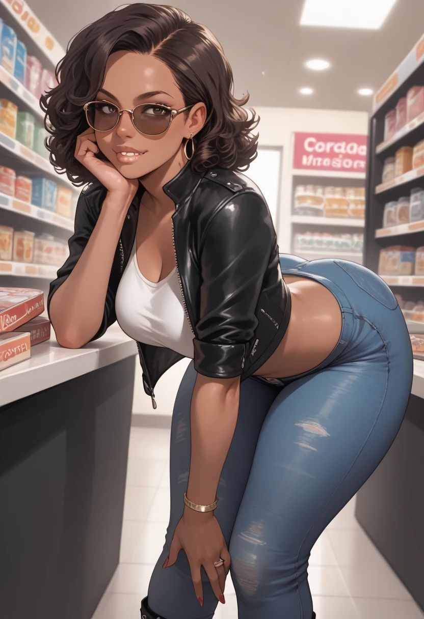 Almond-eyed Dark Mocha-skin tonned African-American woman with Short dark curly hair, juicy lips, a large chest, thick thighs, Perfect hands, and perfect feet . . She is wearing sunglasses, boots, a leather jacket, and distressed skinny jeans. looking down biting her bottom lip.  She is bent over looking over her glasses her face  in the Foreground clothing store background 