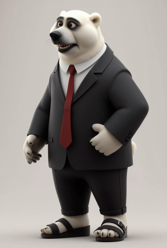 Polar Bear, Male, Kevin, dark suit, red tie,black velcro woman's sandals,plartform, heeled high heels full body, realistic, render, standing, furry, slightly chubby, wide eyes, nervous expression, bared teeth, side view ,neutral background, black eyes, black irises, 3D, tall, side