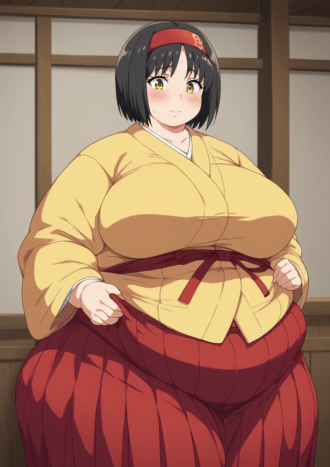 Erika, Erica,    yellow eyes  ,  Black Hair,  red headband,   short hair,  yellow kimono, ,   Long Sleeve  ,  red hakama, score_9,   score_8_ up,   score_7_ up,   score_6_ up,   score_5_ up,   score_4_ up,     masterpiece   ,   top quality,     very aesthetic  ,    absurd,    source_Anime, Anime screencap,    one woman , Alone,   personal   ,  Super huge breasts, (((S uper huge クレビス, Super huge , Super huge boob))), Curvy,   in her 20s,  Mature Woman,   obese , ,  troubled expression, ssbbw,  embarrassed expression, Japanese-style room,  straight on the knee