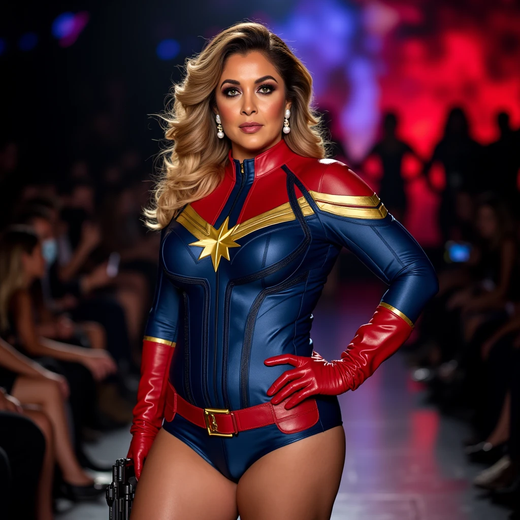 NSFW, Full hd Potrait of a curvy busty MILF women is standing in a fashion show stage (well bright light), one hand holding a gun (another hand on her hips)(sexy thighs and belly side curves folds), people are around her. She is horny and giving seducing looks. Looking into the viewers. She is wearing sexy tight Captain Marvel Costume. She is standing in a sexy position, showcasing her body. She is wearing her pearl beads necklace.