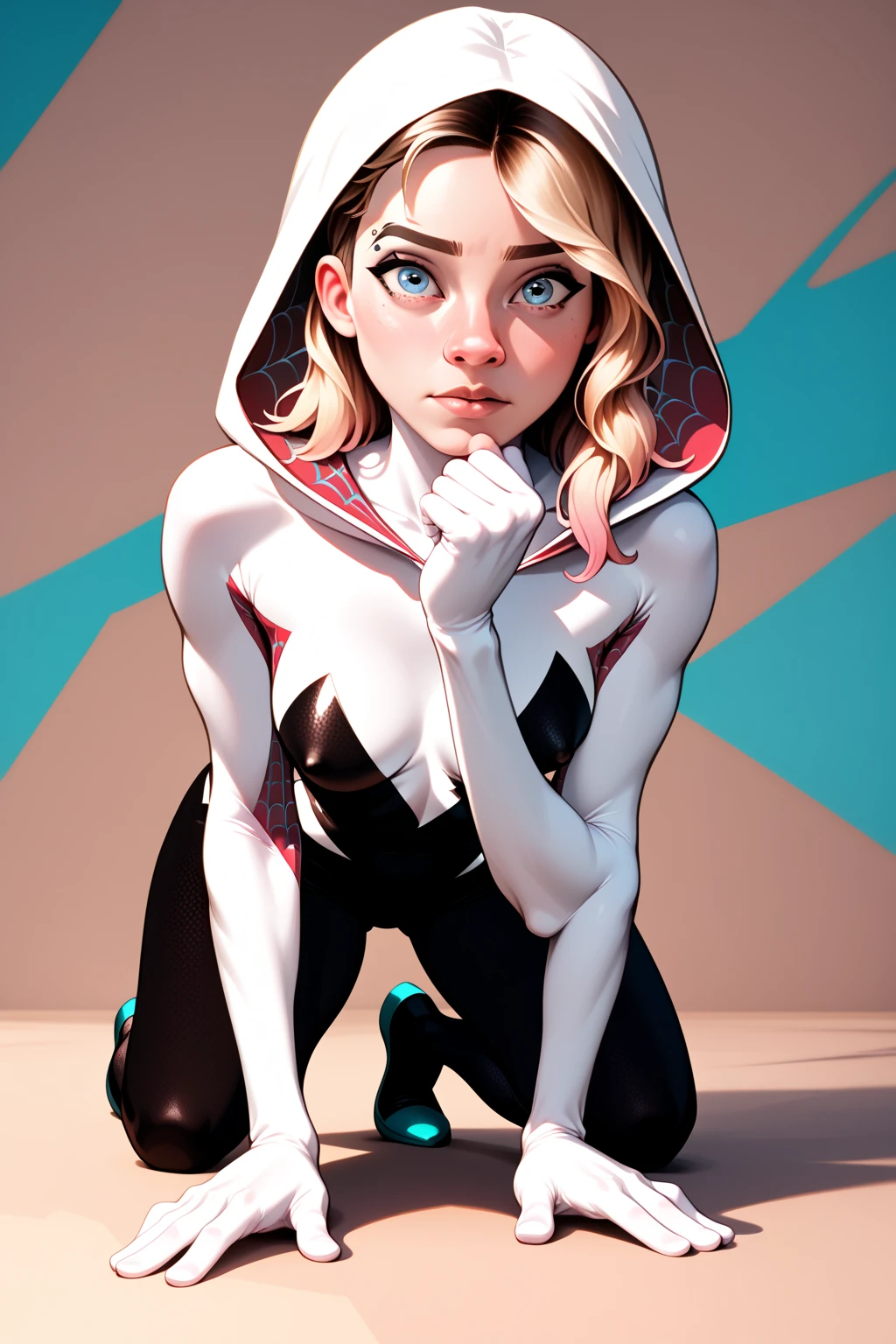 Marvel_Spider_Gwen
BREAK blonde hair,hood up
BREAK unzipped bodysuit,covered nipples
BREAK blue highheel boots
BREAK lying on stomach, chin on hands
BREAK seen from below, medium closeup
BREAK cowboy shot,abstract background,looking at viewer
BREAK high quality,film grain,cinematic lighting,volumetric lighting,modeling shoot
BREAK (hyper detail,insanely detailed,best quality,masterpiece,photorealistic:1.4)