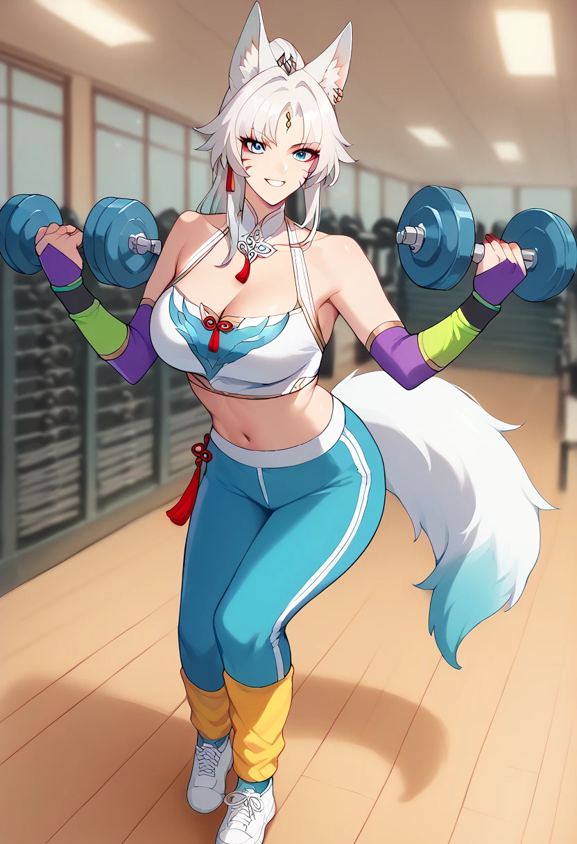 score_9, score_8_up, score_7_up, 1girl, solo,  animal ears, facial mark, FeixiaoDefault, animal ears, long hair, ponytail, gradient hair, white hair, blue eyes, forehead jewel, ear piercing, tassel hair ornament, tassel earring, large breasts, red nails, cleavage, fox tail, multiple tails,   smile,  pantyhose, sneakers, arm warmers, leg warmers, crop top, wearing edgworkout80, oversized shirt, low ponytail, holding dumbbells