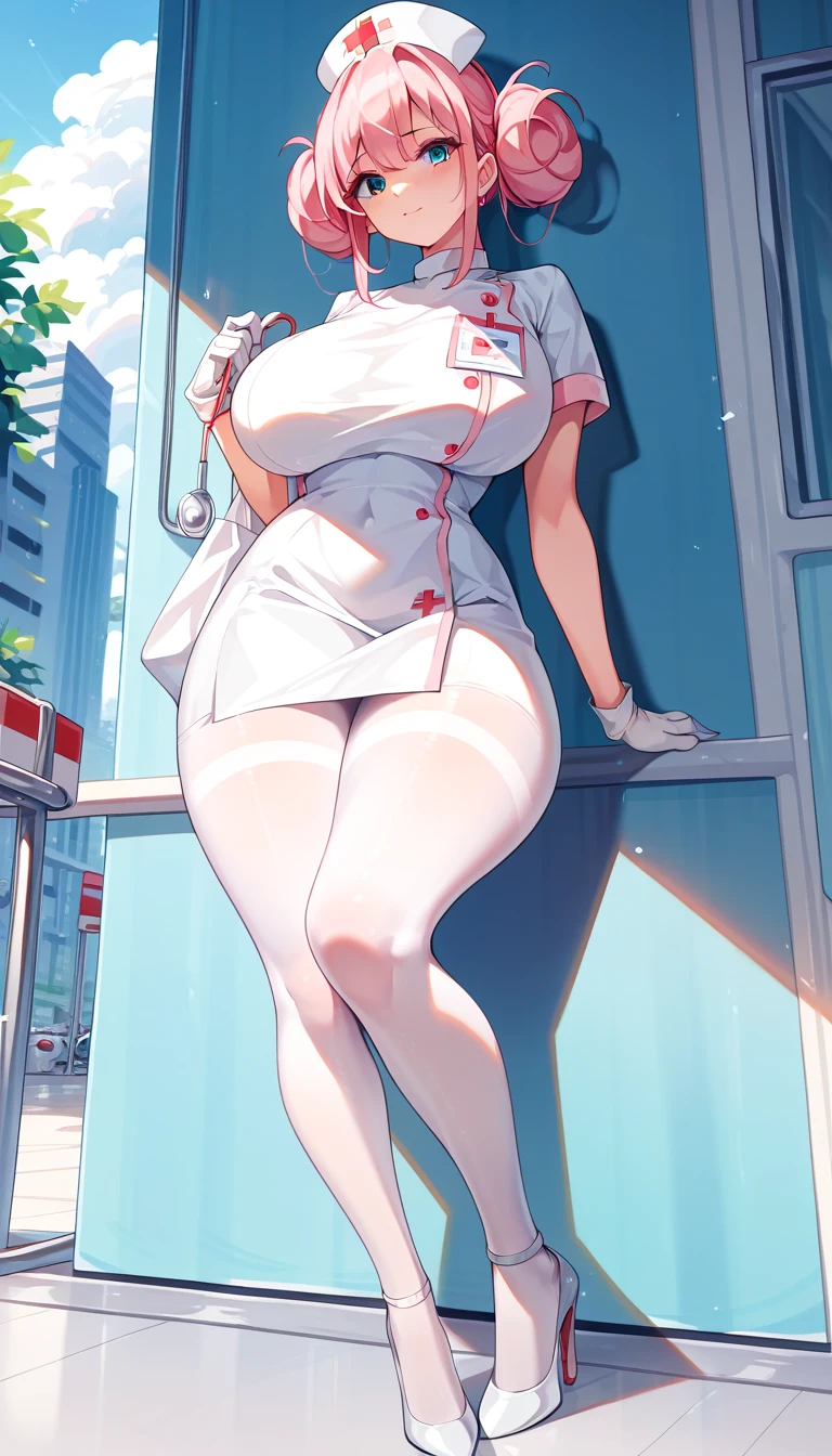 ピンク色  Nurse服　  pink hair hair on both sides　 Big Breasts 　  has thick thighs　 white pantyhose tights  　  high heels　　outside　  in the city 　  Nurse　 Nurseキャップ　 Nurse