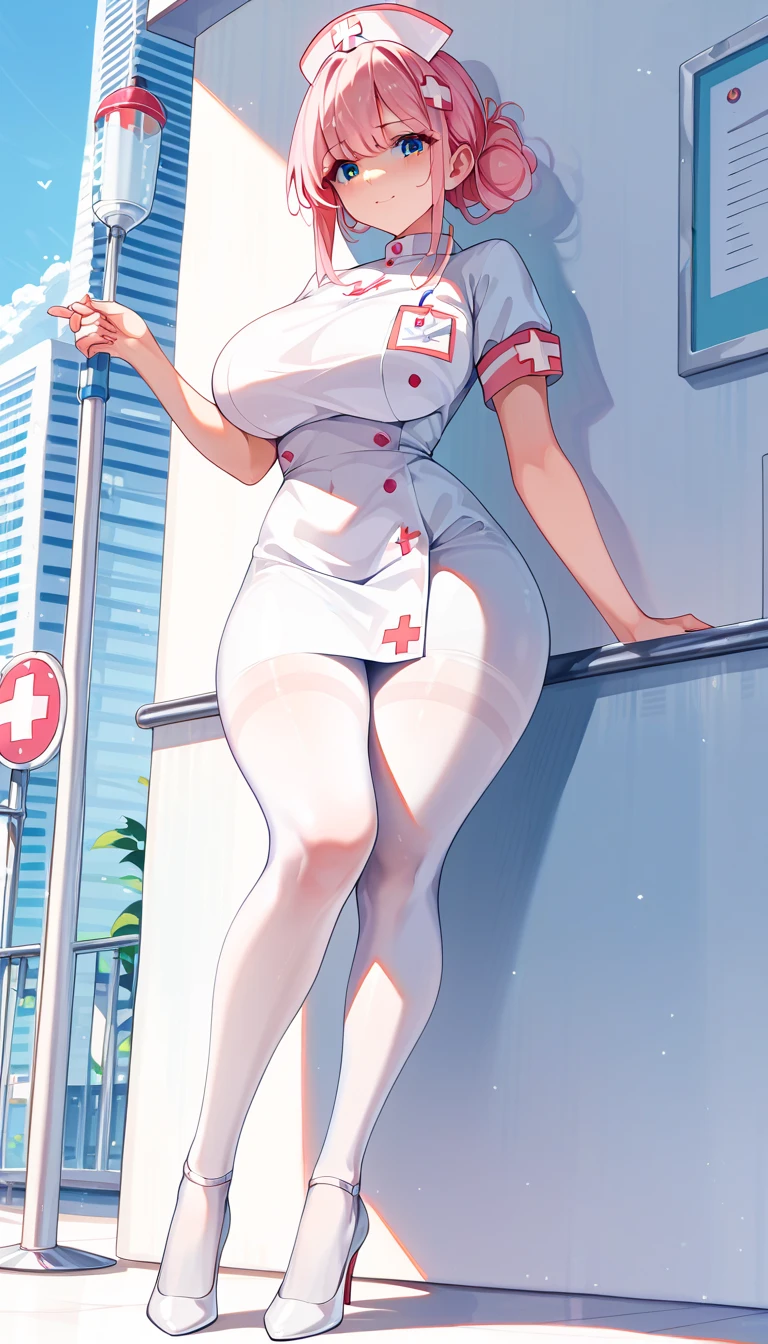 ピンク色  Nurse服　  pink hair hair on both sides　 Big Breasts 　  has thick thighs　 white pantyhose tights  　  high heels　　outside　  in the city 　  Nurse　 Nurseキャップ　 Nurse