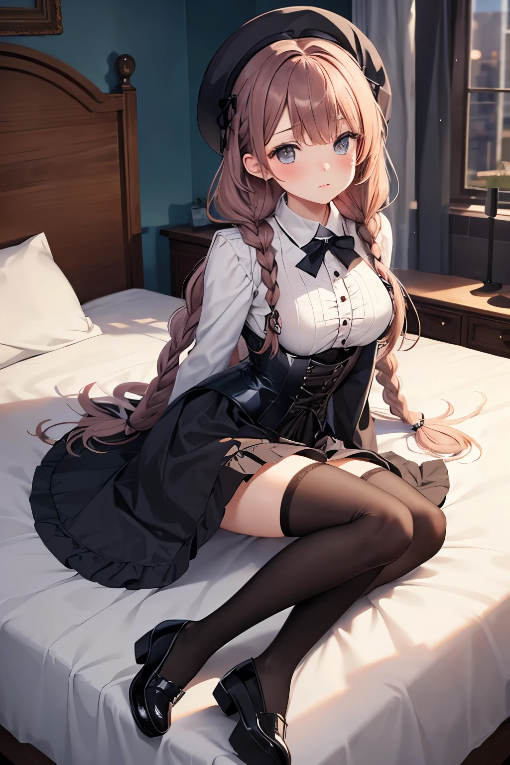 ((Top quality, 8k, Masterpiece: 1.3)), beauty, hidden face, 1 girl, beauty: 1.3, slender abs: 1.1, long black hair, (sitting on bed), ultra-detailed face, highly detailed lips, detailed eyes, double eyelids, shirt, skirt, stockings, wide hips, thin waist