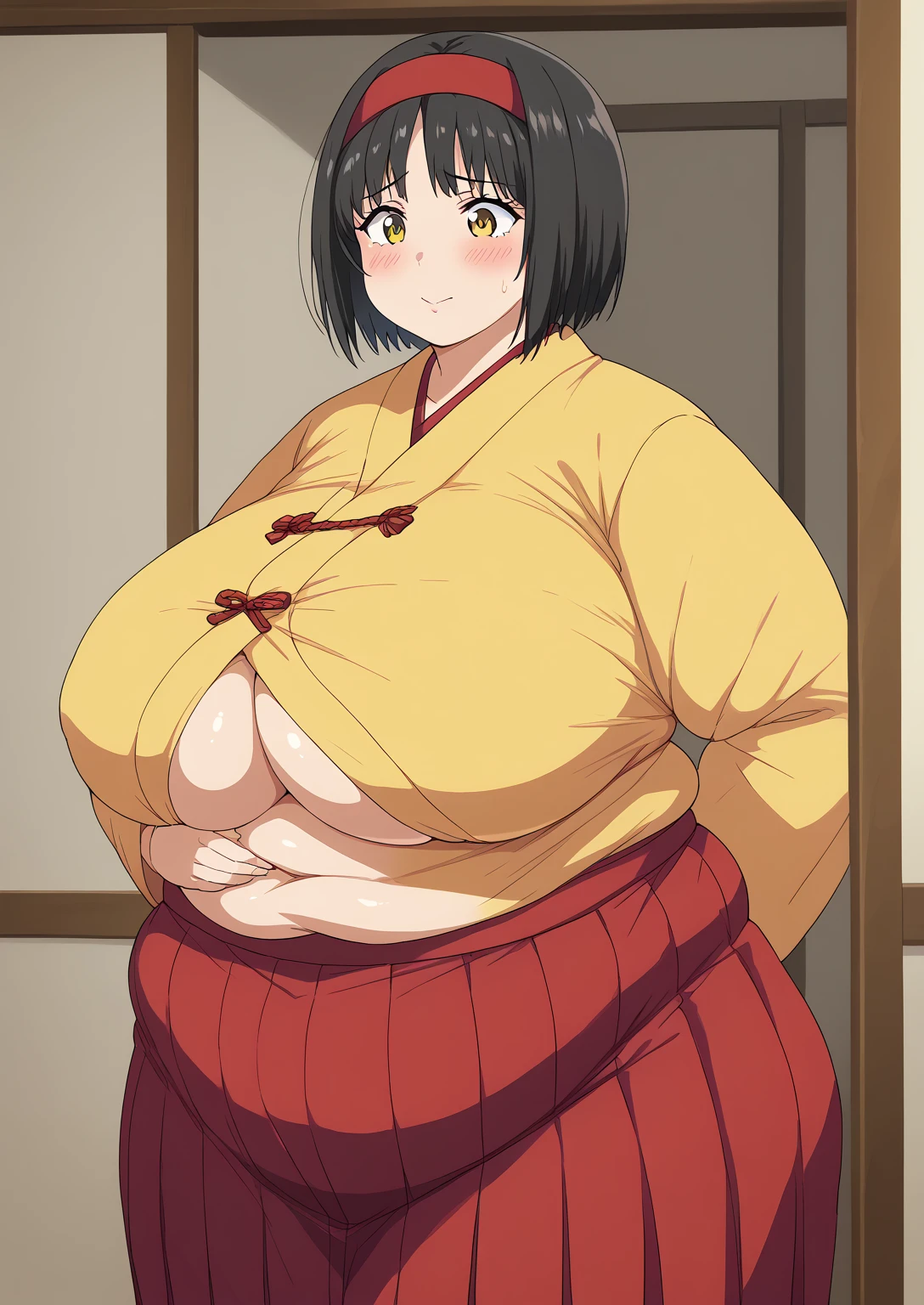 Erika, Erica,    yellow eyes  ,  Black Hair,  red headband,   Shorthair,  yellow kimono, Boobs are not exposed,   Long Sleeve  ,  red hakama, score_9,   score_8_ up,   score_7_ up,   score_6_ up,   score_5_ up,   score_4_ up,     masterpiece   ,   top quality,     very aesthetic  ,    absurd,    Source_Anime, Anime screencap,    one woman , Alone,   personal   ,  Super huge breasts, (((S uper huge クレビス, Super huge , Super huge boob))), Curvy,   in her 20s,  Mature Woman,   obese , ,  troubled expression, ssbbw,  embarrassing expression , Japanese-style room, Hunger, sighing ,I'm eating three-color dango