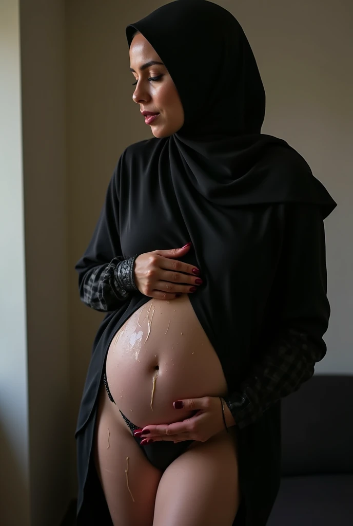 potrait of pregnant women, 23 years old, beautiful face, long hair, wearing hijab and knit dress, very horny, hiss, riding vibrator, playing nipple until wet in the floor, climax, wet vagina, absurdres, RAW photo, extremely delicate and beautiful, masterpiece, Best Quality, ultra high resolution, 32k, hyperrealistic, ultra-detailed, perfect anatomy, perfect figure, super Detailed skin, Very detailed CG 8k wallpaper, pregnant, narrow waist, very small head, very small face, delicate facial features, earring, thin legs, (perfect breasts:1.3)