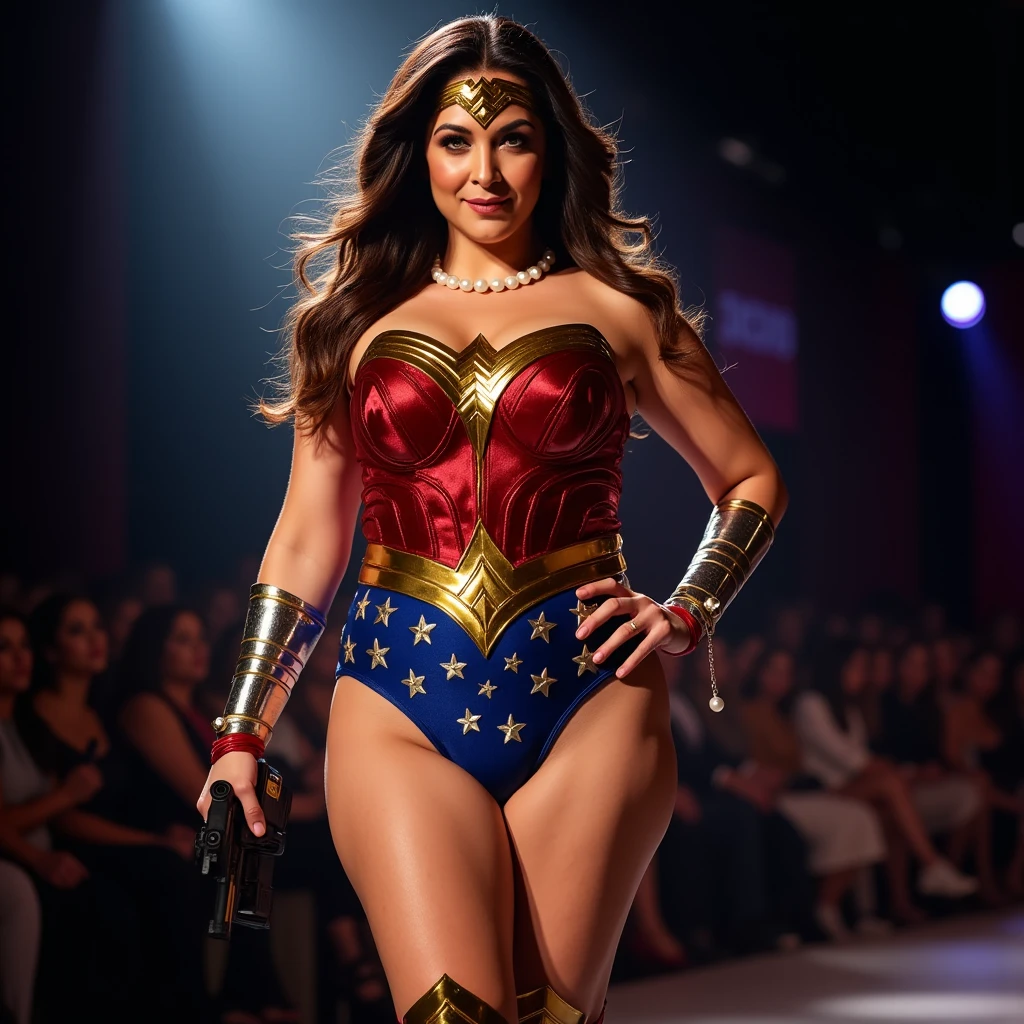 NSFW, Full hd Potrait of a curvy busty MILF women is standing in a fashion show stage (well bright light), one hand holding a gun (another hand on her hips)(sexy thighs and belly side curves folds), people are around her. She is horny and giving seducing looks. Looking into the viewers. She is wearing sexy tight wonder woman Costume. She is standing in a sexy position, showcasing her body. She is wearing her pearl beads necklace.