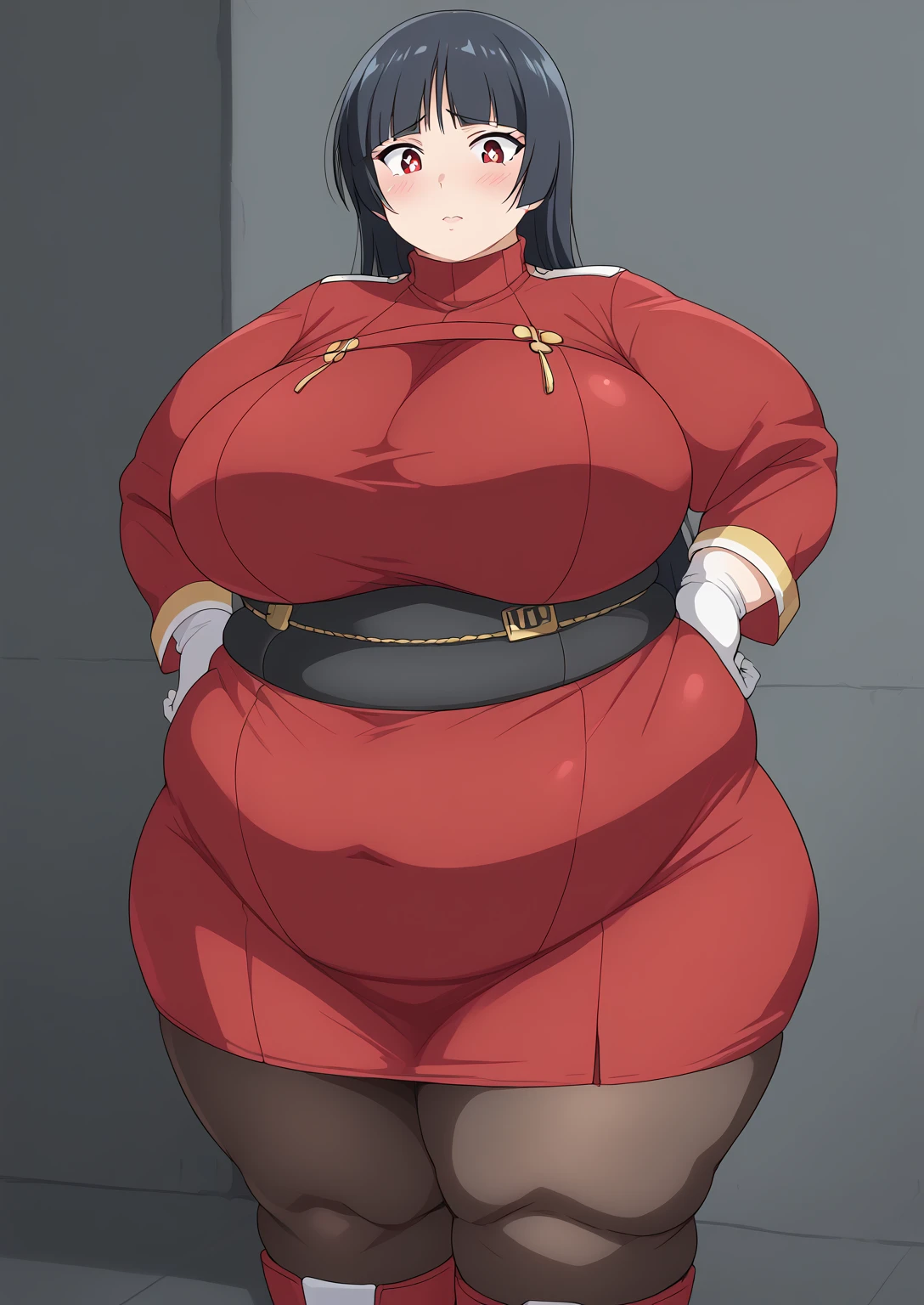 score_9, score_8_up, score_7_up,
BREAK
source_anime,
BREAK
momoyaoyorozu, yaoyorozu momo, black eyes, black hair, long hair, blush, ssbbw , hero uniform, squatting, obese, gigantic arms and legs, open eyes
 