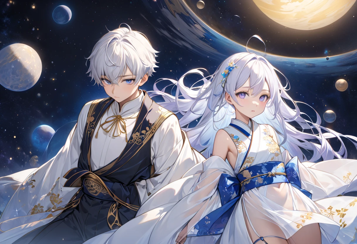 Fresh illustration,
Ultra-fine painting,
Top quality,
Very delicate illustration,
Very fine details,
Fair-skinned twins,
Older sister is a girl,
Brother is a boy,
Boy has short hair,
Girl has super long hair,
Girl's right eye is light blue,
Girl's left eye is light purple,
Both have heterochromatic eyes,
Both have large black pupils,
Both have beautiful eyes,
Boy's right eye is light purple,
Boy's left eye is light blue,
Both have shiny hair,
Both have blue roots and white hair elsewhere,
Both have gradational hair,
Both have one side of their foreheads exposed,
Both have cute faces,
Both have beautiful faces,
Both have shining angel halos on the back of their heads,
Girl has lowered eyebrows,
Boy has raised eyebrows,
Both have kimono upper bodies,
Both have Japanese upper bodies,
Both have white clothes overall,
Both have Chinese dresses lower bodies,
Both have obi The color is black,
the two are tastefully embroidered with gold thread,
they are wearing clothes made of high-quality fabric,
the girl has big breasts,
the boy has very small breasts,
the girl is wearing a thong,
the boy has a jockstrap,
the girl is wearing a garter belt,
the girl is wearing stockings,
the thigh straps are digging into her skin,
white long boots,
the toes of both are Japanese-style,
they have slim waists,
the girl has thick thighs,
the boy has thin thighs,
they are isometric,
they are in the golden ratio,
a divine atmosphere,
they are wearing indigo-colored stand-up collared innerwear,
outer space,
there are multiple galaxies,
there are countless small stars,
tactical use of shadows,
free poses,
exposed skin,
sexy poses,
lewd outfits,
perverts,
the girl's clothes are see-through, revealing her pink nipples and pussy,
the boy's clothes are see-through,