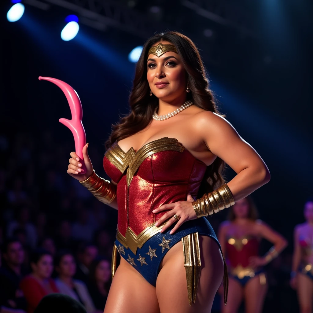 NSFW, Full hd Potrait of a curvy busty MILF women is standing in a fashion show stage (well bright light), one hand holding a pink dildo (another hand on her hips)(sexy thighs and belly side curves folds), people are around her. She is horny and giving seducing looks. Looking into the viewers. She is wearing sexy tight wonder woman Costume. She is standing in a sexy position, showcasing her body. She is wearing her pearl beads necklace.