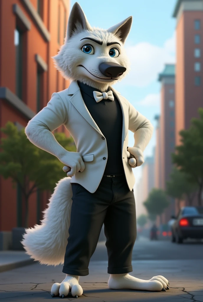 gari, zootopia, wolf, timberwolf , white fur,blue irises ,  standing device, kind face,  hands on hips,white blazer, black shirt, white bow tie long pants,  realistic, 