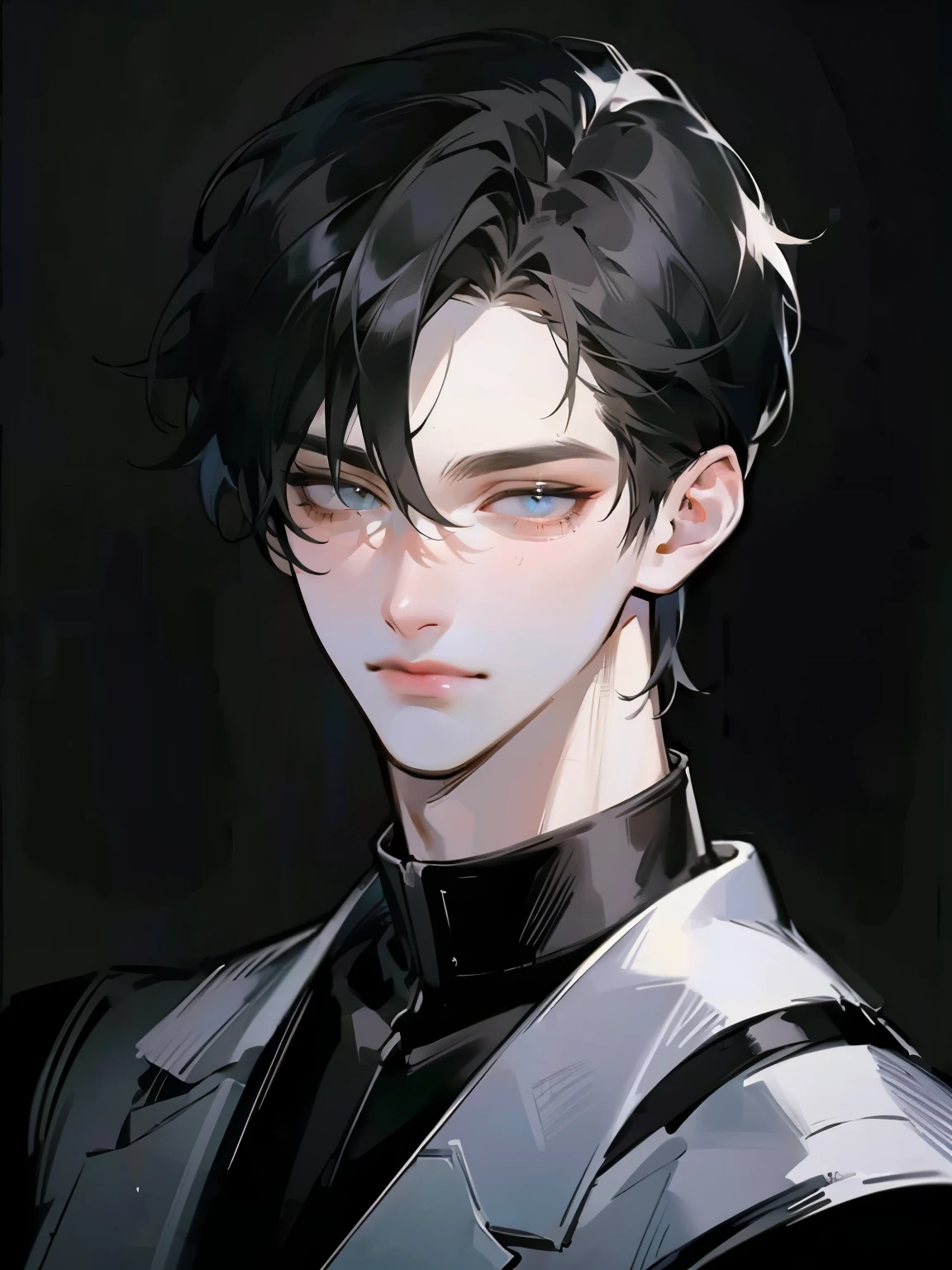 (portrai:1.2), Designed by nty, 1 man, confident expression, (8K, best quality, masterpiece: 1.4), ultra high resolution, super detailed, Light, portrait, tough guy, alpha, masculine, short black hair, academy of magic uniform, Moles, (detailed eyes and face:1.2), (perfect eyes:1.3), good looks, hot guy, Adult, athletic build, rough, sharp facial features, dark background, monochrome background