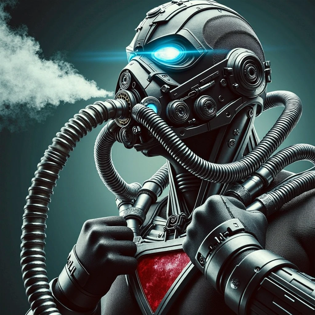 black background, science fiction, smoke, holding gun, damaged, chain, feet, helmet, sitting