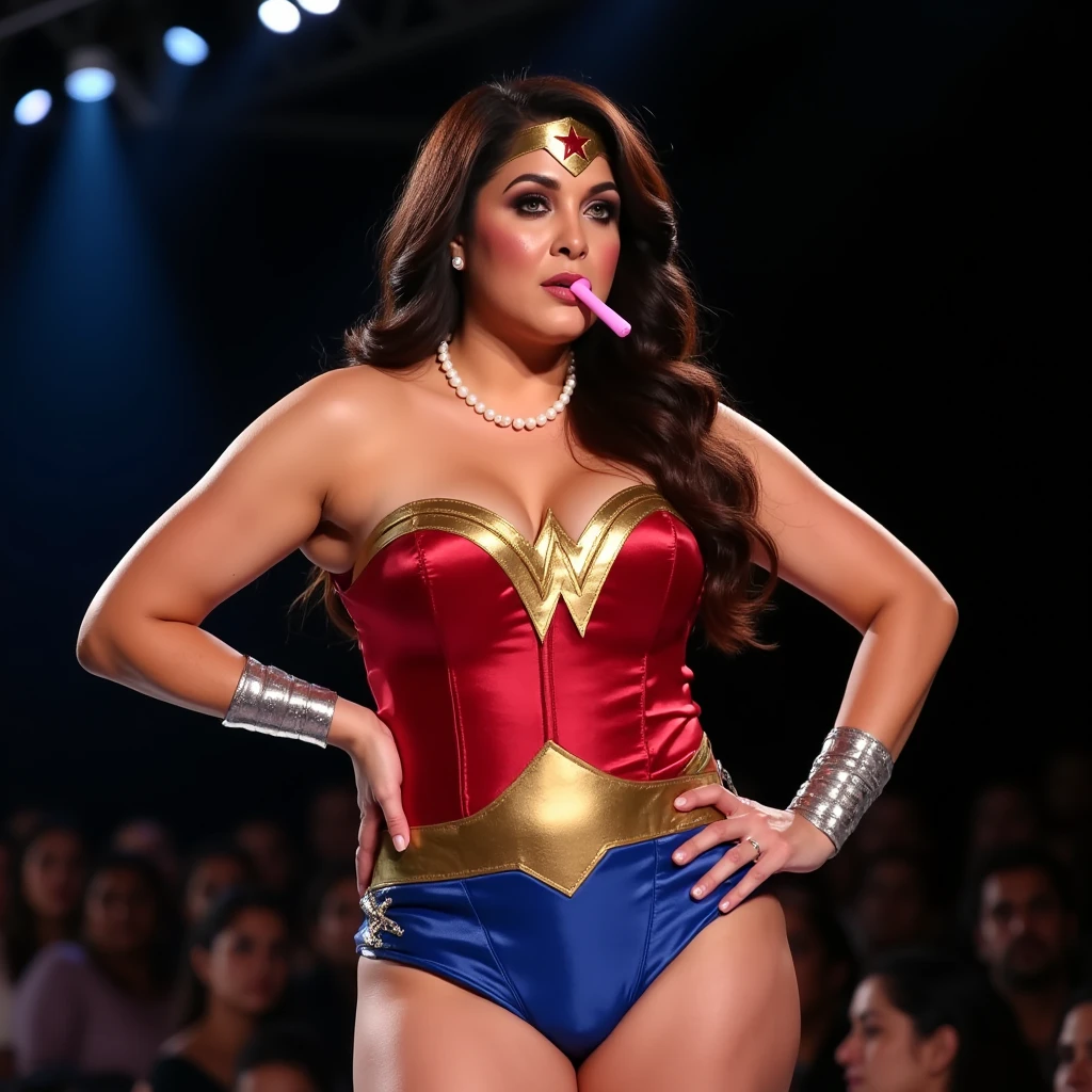 NSFW, Full hd Potrait of a curvy busty MILF women is standing in a fashion show stage (well bright light), one hand holding a pink dildo (another hand on her hips)(sexy thighs and belly side curves folds), people are around her. She is horny and giving seducing looks. Looking into the viewers. She is wearing sexy tight wonder woman Costume. She is standing in a sexy position, showcasing her body. She is wearing her pearl beads necklace. She sucking the dildo while on the stage