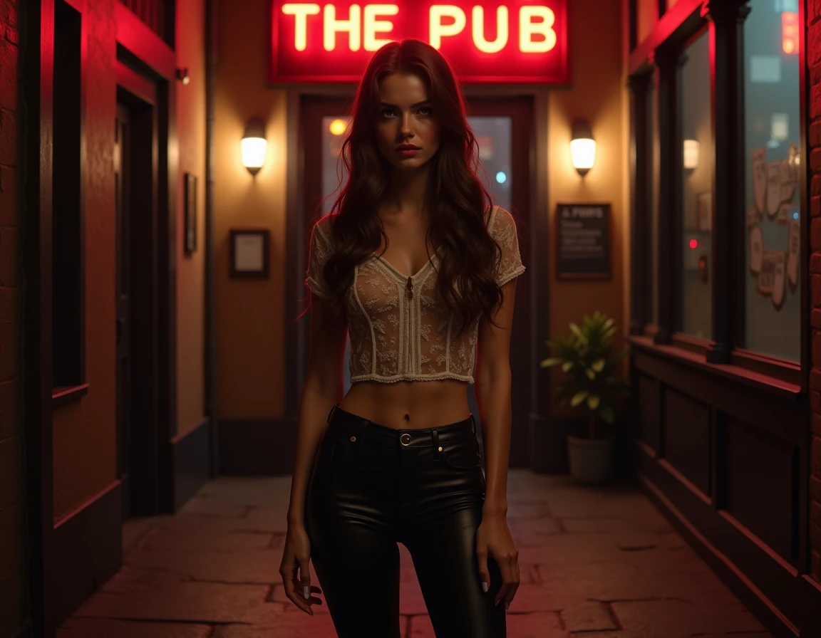 Maggie Geha with long red hair wearing a black leather jacket, a white tank top, and denim shorts, standing in a city street, (best quality,4k,8k,highres,masterpiece:1.2),ultra-detailed,(realistic,photorealistic,photo-realistic:1.37),beautiful detailed eyes,beautiful detailed lips,extremely detailed eyes and face,longeyelashes,urban environment,city buildings,street lamps,cinematic lighting,warm tones