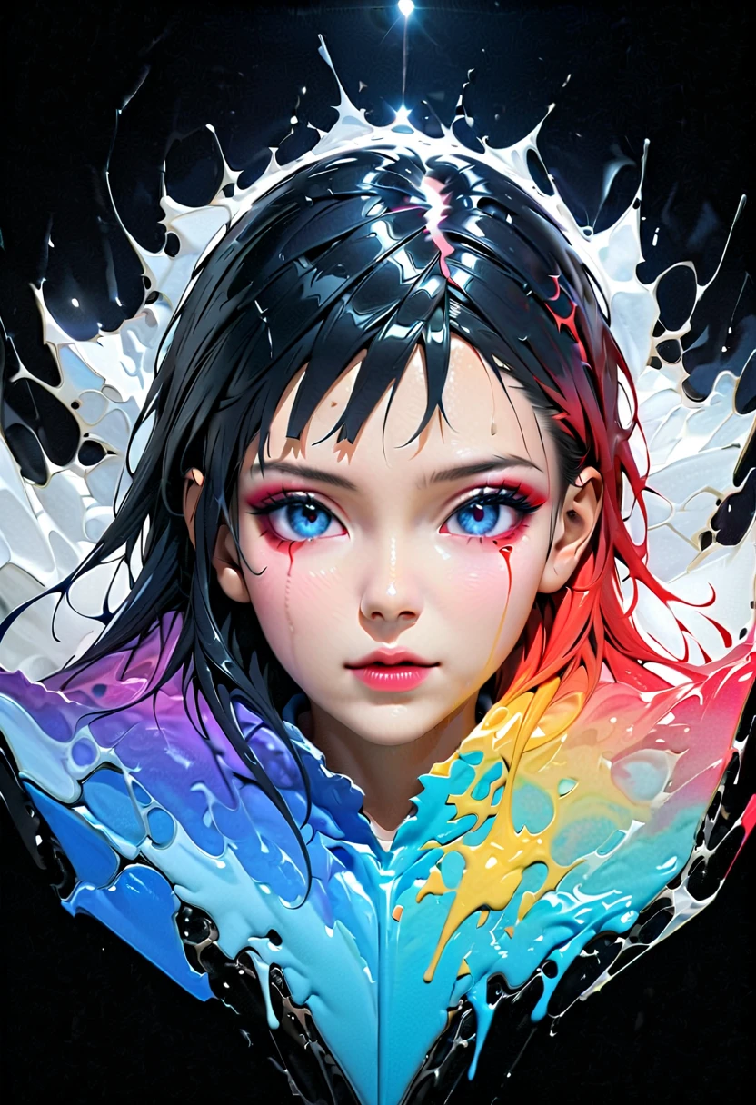 fwks, 1girl, (black and white), (colorful gradient crystalized hair), eroded by darkness and light, symmetrical, absolute beautiful women, broken mirror, fluid art, red tears, (HDR), (sharp focus), (photo-realistic:1.37), (physically-based rendering), (extreme detail description), (professional), (vivid colors), (portraits), (soft lighting), (UHD), (black colored eyeedium hair), (goth makeup), (studio lighting), (night park background), (blue street lights), (best quality, 4k, 8k, highres, masterpiece:1.2), (ultra-detailed), fluid flowing transparent water