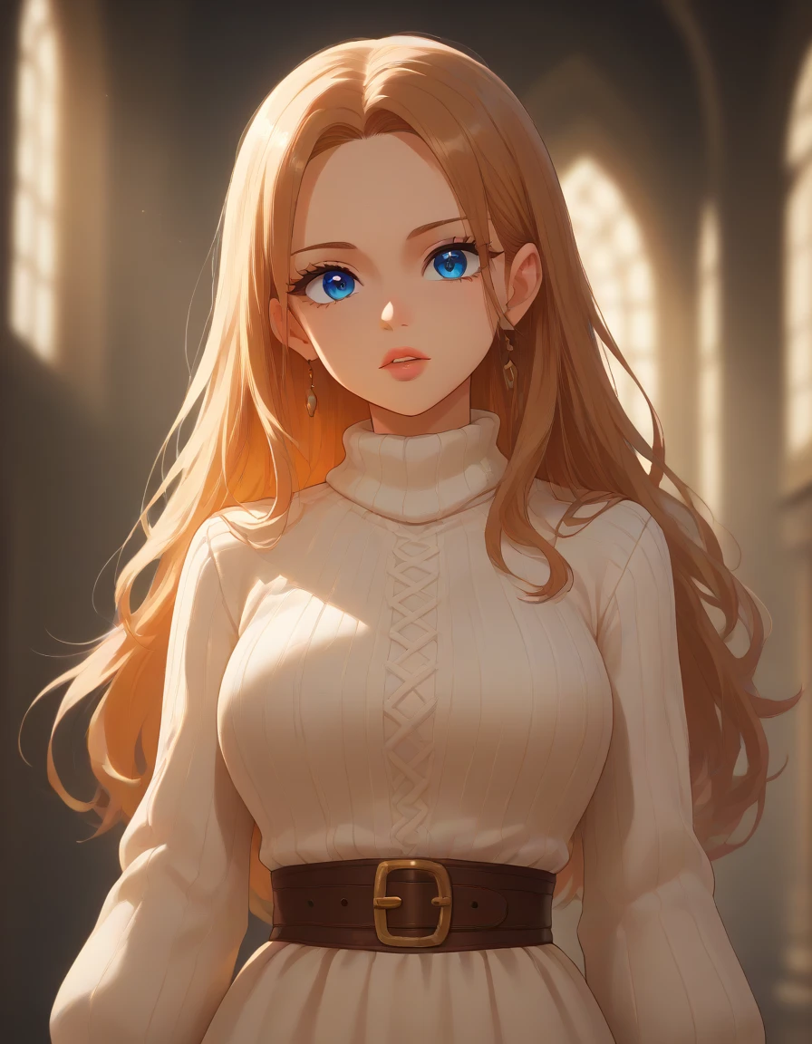   beautiful detailed eyes, beautiful detailed lips, extremely detailed eyes and face, long eyelashes, 1child , masterpiece, super detail, high details, high quality, best quality, highres, 1080P, 8k, 16k, very accurate clothing, c fantasy, anime, intricate details, vivid colors, cinematic lighting, dramatic lighting, cinematic composition, dramatic composition cowl  sweater  dress belt on waist 