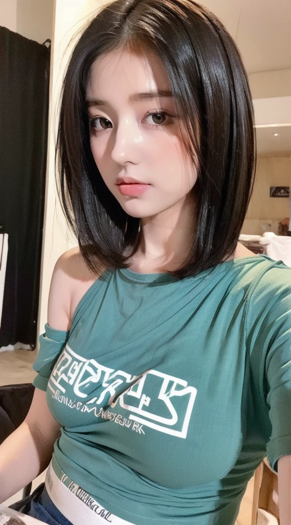 (( Best quality , 8k,  masterpieces  :1.3)), Sharp focus :1.2,  beauty, perfect shape :1.4,  slim belly :1.2, ((Layered Hairstyle:1.2)), (Bucket t-shirt :1.1 ), (road:1.2),  detailed facial and skin texture,  fine eyes , Double eyelids, Open Shoulder Blouse ,( baby, fully mature :1.4)