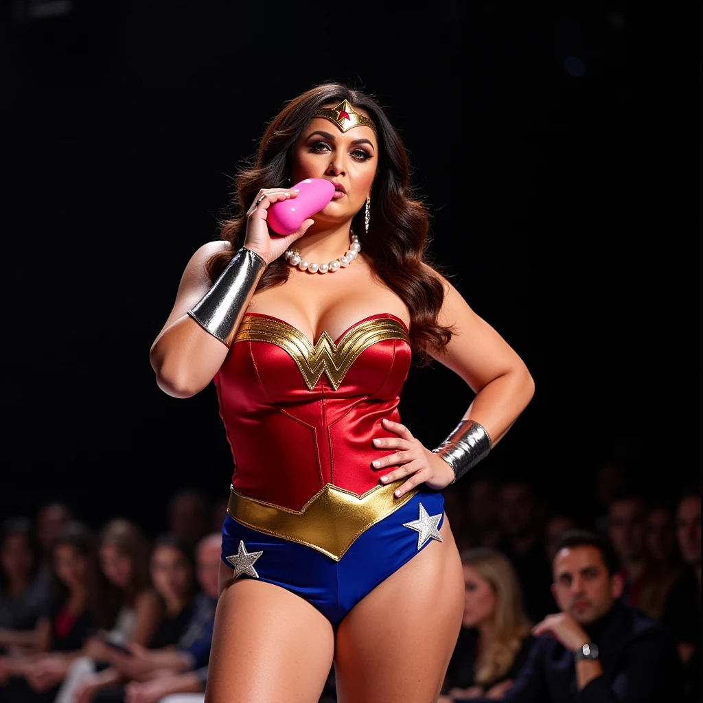 Full body photo of SEXY 50YO MATURE MILF AISHWARYA RAI as WONDER WOMAN, ((WONDER WOMAN MINI COSTUME DRESS)), ((KNEE high BOOTS)), ((young boys in background)), (((seductive posing in cannes red carpet))), day scene, curvaceous mature hourglass figure, massive breasts with huge cleavage, look straight at camera, ((bob cut hair)), sexy 50 yo mature MILF, soft volumetric lights, intricate details, (ArtStation:1.2)