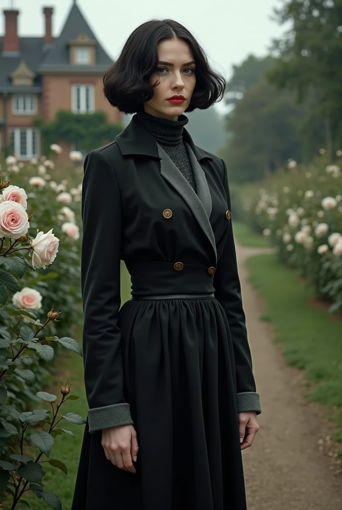 Susie, short black hair, black hair ribbon, black eyes,bags under eyes, pale skin, long black dress, white collar,black long sleeves, white gloves,looking at viewer, serious, standing, medium shot, outside, holding hands, park, field, trees, autumn, dusk, twilight sky, high quality, masterpiece <lora:SusieB98:.8>