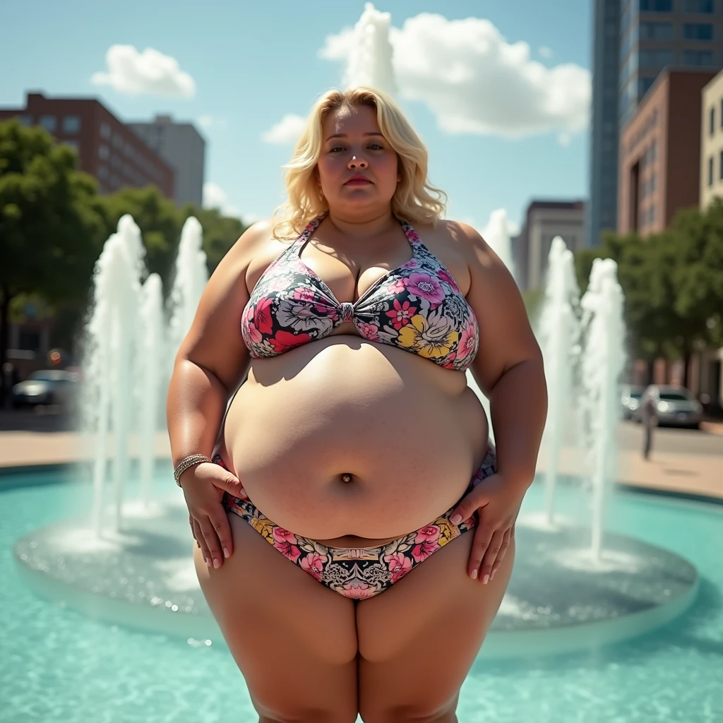 Professional, High level of detail, Full body photo of blonde (attractive 20yo woman:1.3), (classy stylish bob haircut)1.3, (neon green-colored tight opened shirt)1.4, (black skirt)1.33 and (stockings)1.455, natural lighting, (seductive:1.1), (blushing:1.1 ), (classy, elegant, dandy)1.2, (big natural breasts)1.2 (pokies)1.3, (morbidly obese body, ssbbw body shape):1.9, (massive obese wipe hips), (full body with visible face and eyes)1.5 (perfect hands)1.3, soft massive obese belly, cute chubby feminine face, sensual pose, soft obese thighs, soft obese legs, soft obese breasts, soft obese arms, soft chubby hands, soft chubby feet, Serene expression, mesmerizing eyes, gorgeous supermodel face, SFW, fat ripping through clothes, angelic, BREAK golden hour, (rim lighting):1.2, warm tones, sun flare, soft shadows, vibrant colors, painterly effect, dreamy atmosphere, heavenly, BREAK scenic lake, distant mountains, willow tree, calm water, reflection, sunlit clouds, peaceful ambiance, idyllic sunset, ultra detailed, official art, unity 8k wallpaper, zentangle, mandala