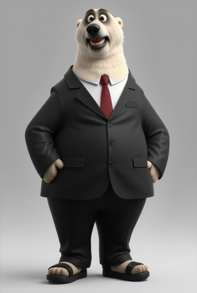 Polar Bear, Male, Kevin, dark suit, red tie,long trousers, black velcro woman's sandals,plartform, heeled high heels full body, realistic, render, standing, furry, slightly chubby, wide eyes, nervous expression, bared teeth, side view ,neutral background, black eyes, black irises, 3D, tall, side