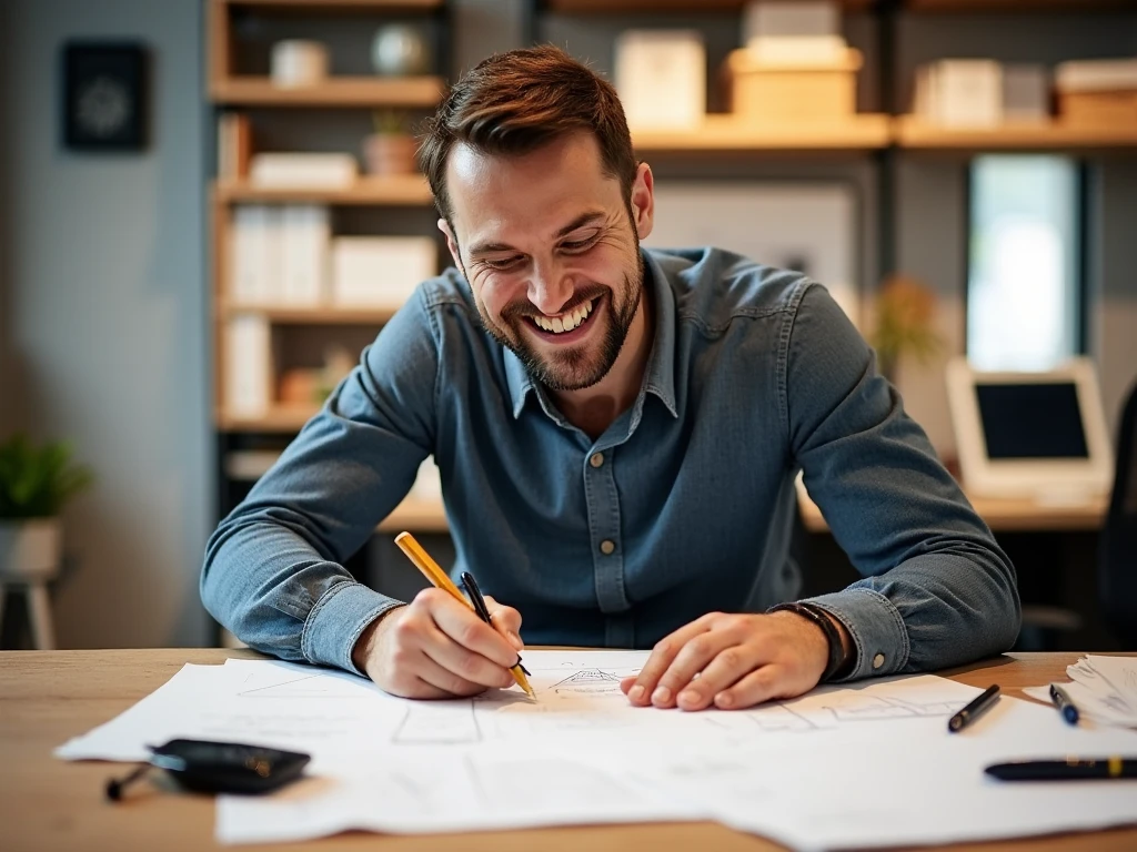 a happy and smiling draftsman working in an office with several completed jobs dug out by the office