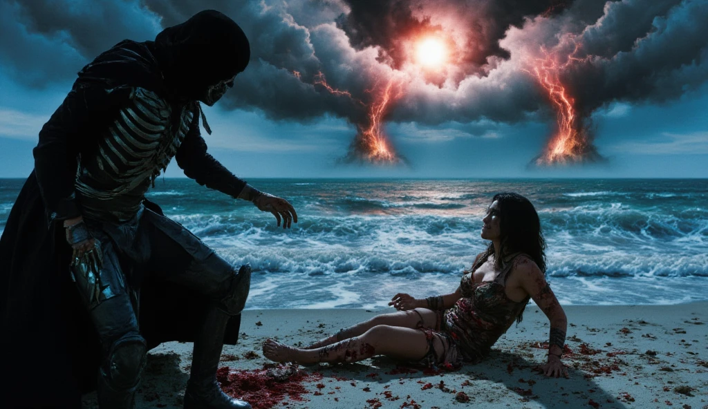 ((masterpiece)) ((photography)) ((Highest quality))  An ultra-detailed digital illustration of Death as a grim reaper with a dark cloak, holding out a skeletal hand to a wounded female gladiator lying on the shore of a stormy beach. The backdrop features a sinister, dark and stormy sky with two waterspouts forming in the distance over the ocean. Red lightning streaks illuminate the ominous horizon, casting an eerie glow over the scene. The gladiator, bloodied and weakened, hesitates as Death looms above her. The entire scene radiates a haunting and foreboding atmosphere, with dramatic contrasts and vivid details.