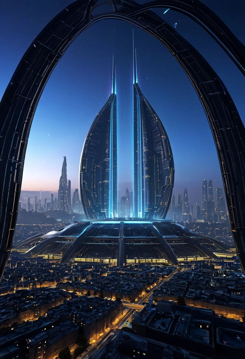 Un futuriste, une station ville spatiale massive en orbite autour d'une planète lointaine, sa conception complexe mettant en valeur un mélange de technologie de pointe et d'architecture élégante,la station présente d'énormes, des anneaux lumineux tournant lentement autour d'un cœur central, parsemés de milliers de lumières représentant des quartiers d'habitation et des centres de recherche,Solar panels extend like wings, capturant l'énergie d'une étoile proche, tandis que les baies d'amarrage accueillent une architecture cyberpunk élégante, vaisseau spatial de haute technologie,la planète en dessous est un mélange vibrant d'océans bleus tourbillonnants et de continents verts, avec de faibles aurores illuminant la haute atmosphère, la scène est encadrée par un arrière-plan d'innombrables étoiles, galaxies lointaines, et des nébuleuses, soulignant l'immensité de l'espace,la station rayonne un sentiment de progrès et le potentiel de l'ingéniosité humaine,chef-d'œuvre,meilleure qualité,très détaillée,Néons lumineux,composants mécaniques complexes,vastes vues panoramiques de l'espace,éclairage atmosphérique, ombres et lumières dramatiques, composition cinématographique, photorealistic, 8K,haute résolution,ultra détaillé,éclairage cinématographique,couleurs néon vibrantes,détails complexes,éléments mécaniques