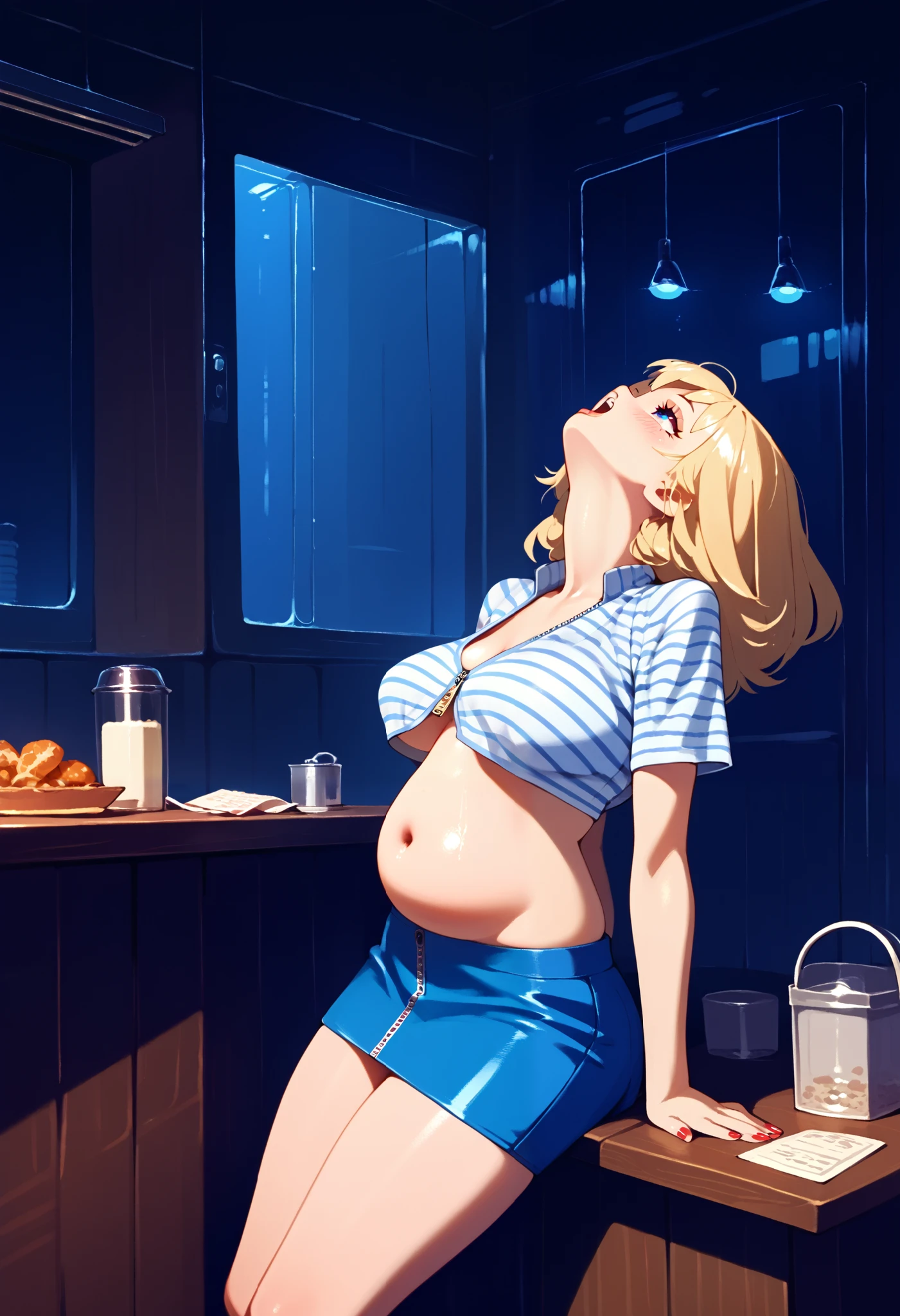 One woman, (quirky woman),, sitting at a booth in a cafe, unzipped skirt, ((fat belly hanging betweenher thighs)), striped v neck shirt, large black square glasses,  thick blonde hair, head back, (sick emotions),  volumetric and specular lighting, ((saggy belly)), ((covered midriff, covered belly))