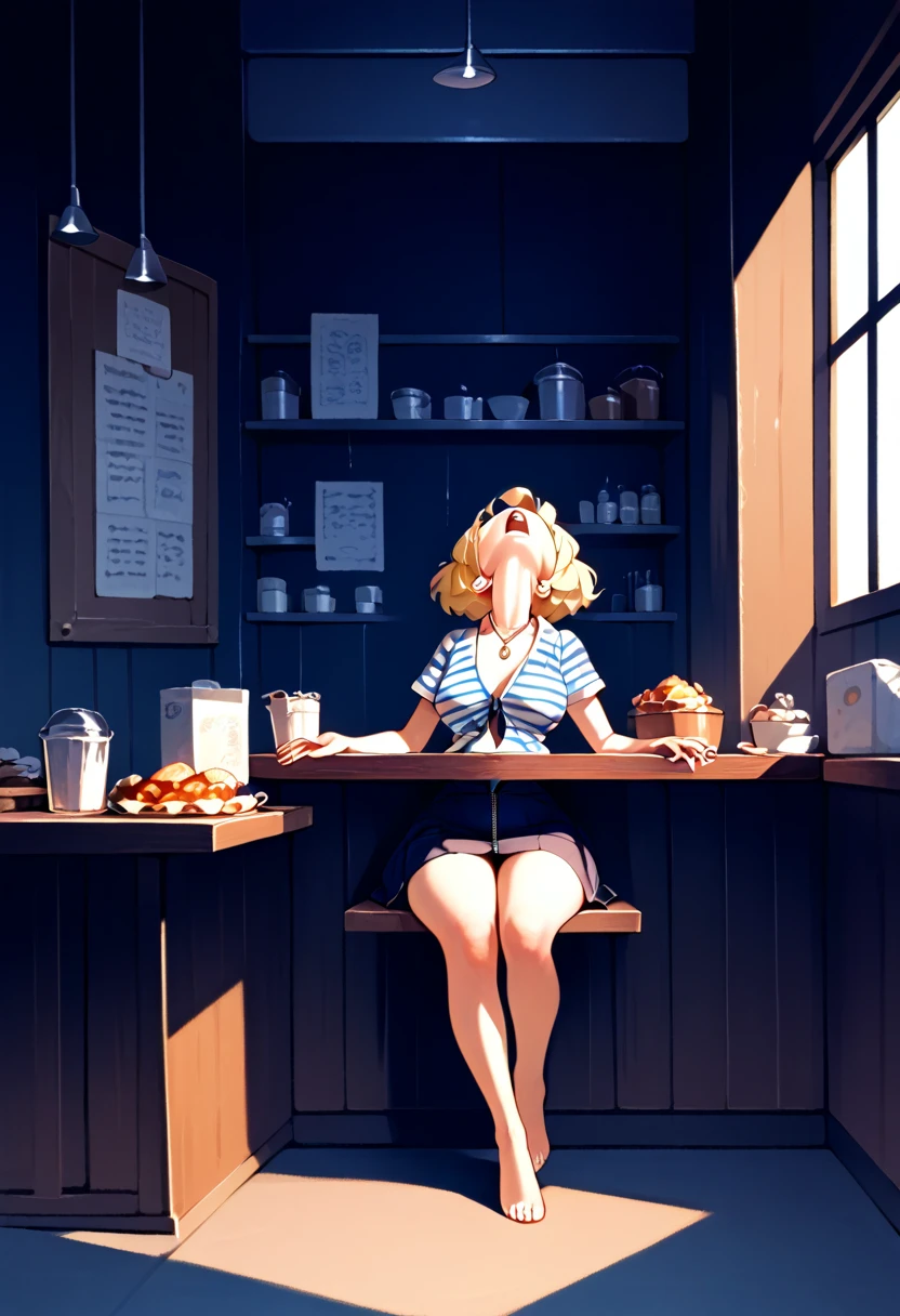 One woman, (quirky woman),, sitting at a booth in a cafe, unzipped skirt, ((fat belly stuffed full from food)), striped v neck shirt, large black square glasses,  thick blonde hair, head back, (sick emotions),  volumetric and specular lighting, ((saggy belly)), ((covered midriff, covered belly))