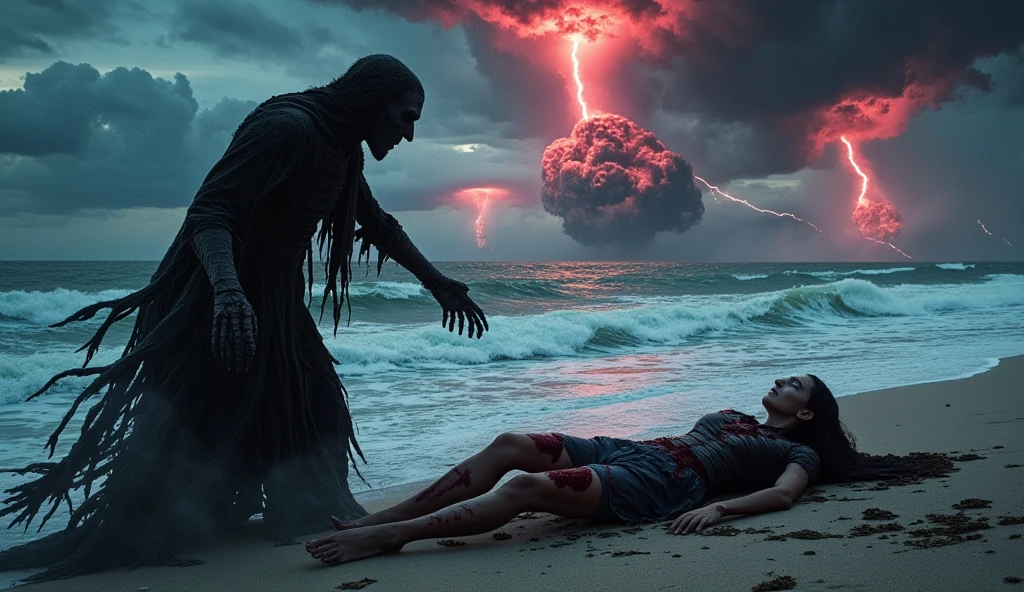 ((masterpiece)) ((photography)) ((Highest quality))  An ultra-detailed digital illustration of Death as a grim reaper with a dark cloak, holding out a skeletal hand to a wounded female gladiator lying on the shore of a stormy beach. The backdrop features a sinister, dark and stormy sky with two waterspouts forming in the distance over the ocean. Red lightning streaks illuminate the ominous horizon, casting an eerie glow over the scene. The gladiator, bloodied and weakened, hesitates as Death looms above her. The entire scene radiates a haunting and foreboding atmosphere, with dramatic contrasts and vivid details.