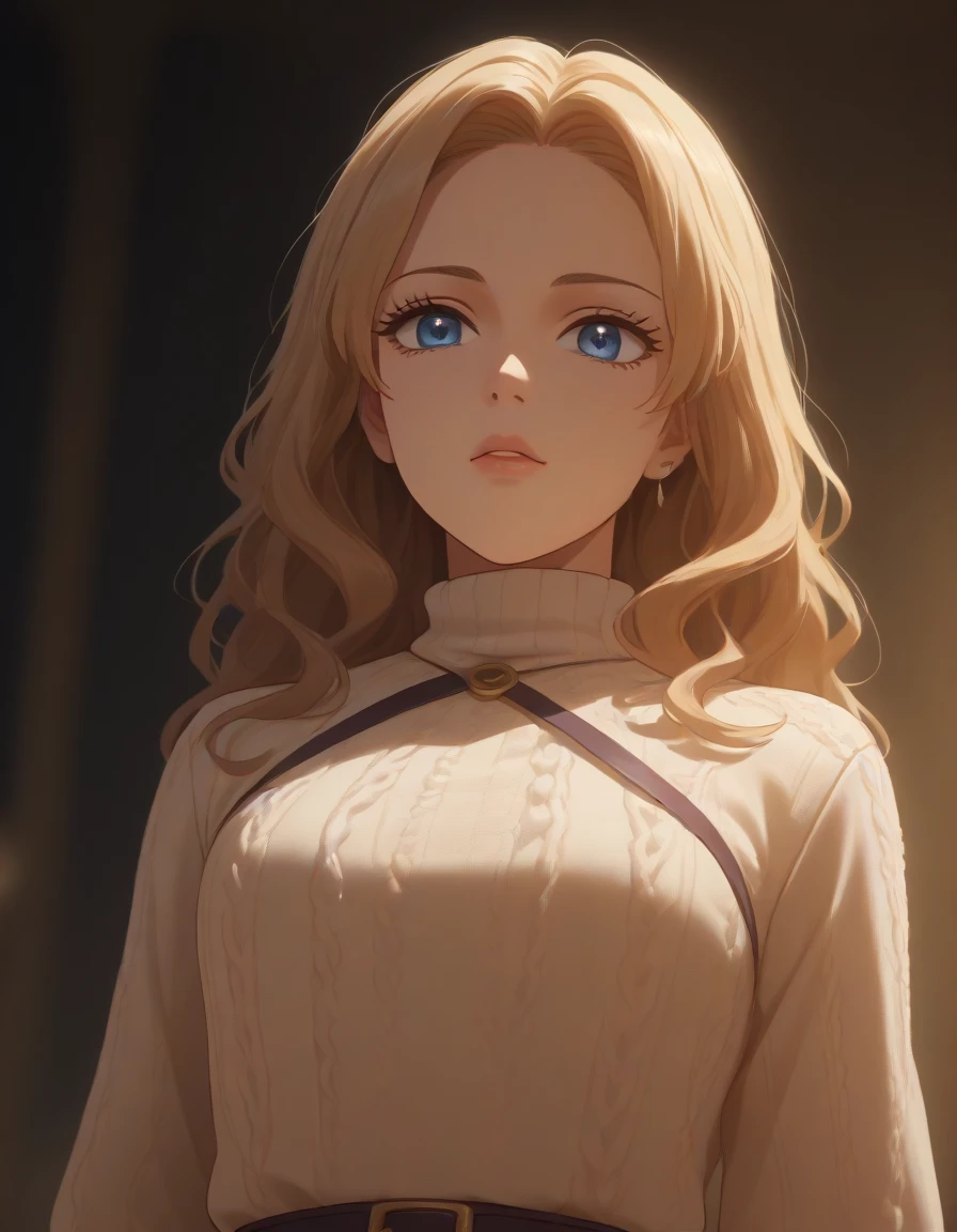   beautiful detailed eyes, beautiful detailed lips, extremely detailed eyes and face, long eyelashes, 1child , masterpiece, super detail, high details, high quality, best quality, highres, 1080P, 8k, 16k, very accurate clothing, c fantasy, anime, intricate details, vivid colors, cinematic lighting, dramatic lighting, cinematic composition, dramatic composition cowl  sweater  dress belt on waist 